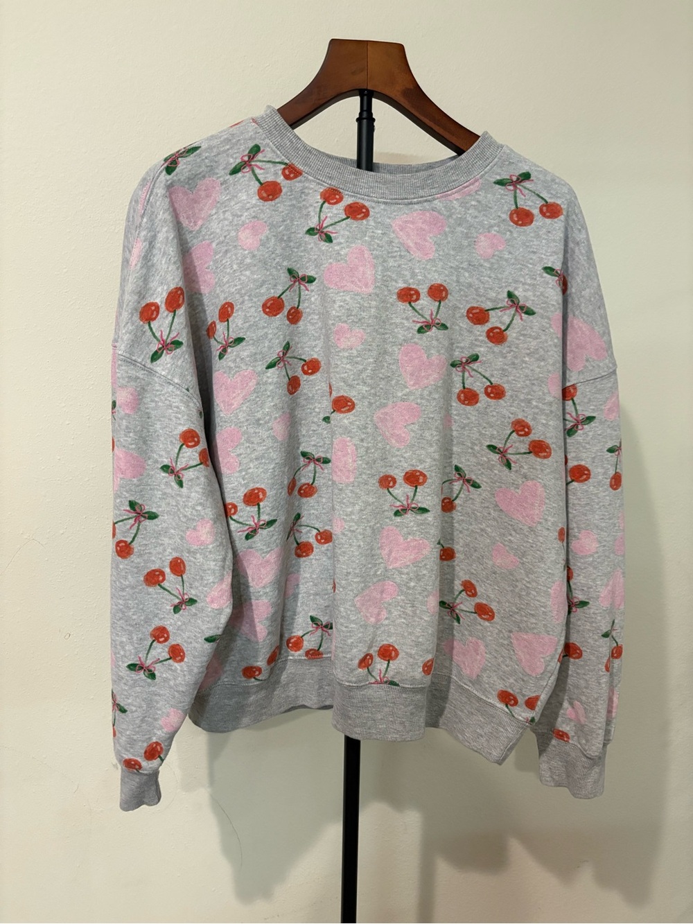 Zoe + Liv Gray Sweatshirt with Red Cherry & Pink Heart Print L